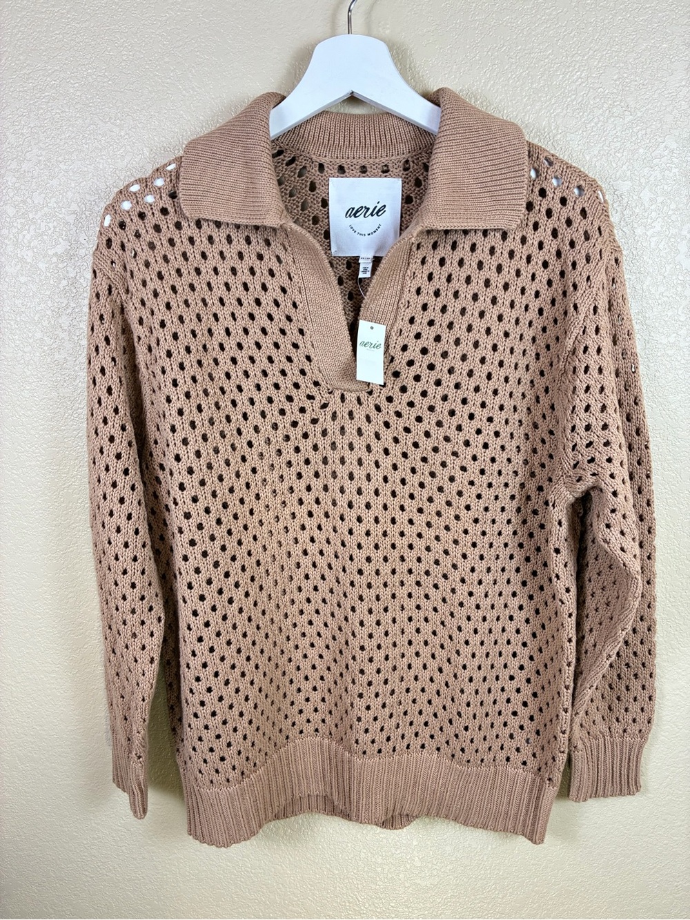 aerie Open-Knit Collared Polo V-Neck Sweater in Toasty Tan